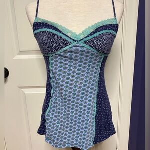 Pinkerton strappy top size medium, blue and green print, lace detail, soft